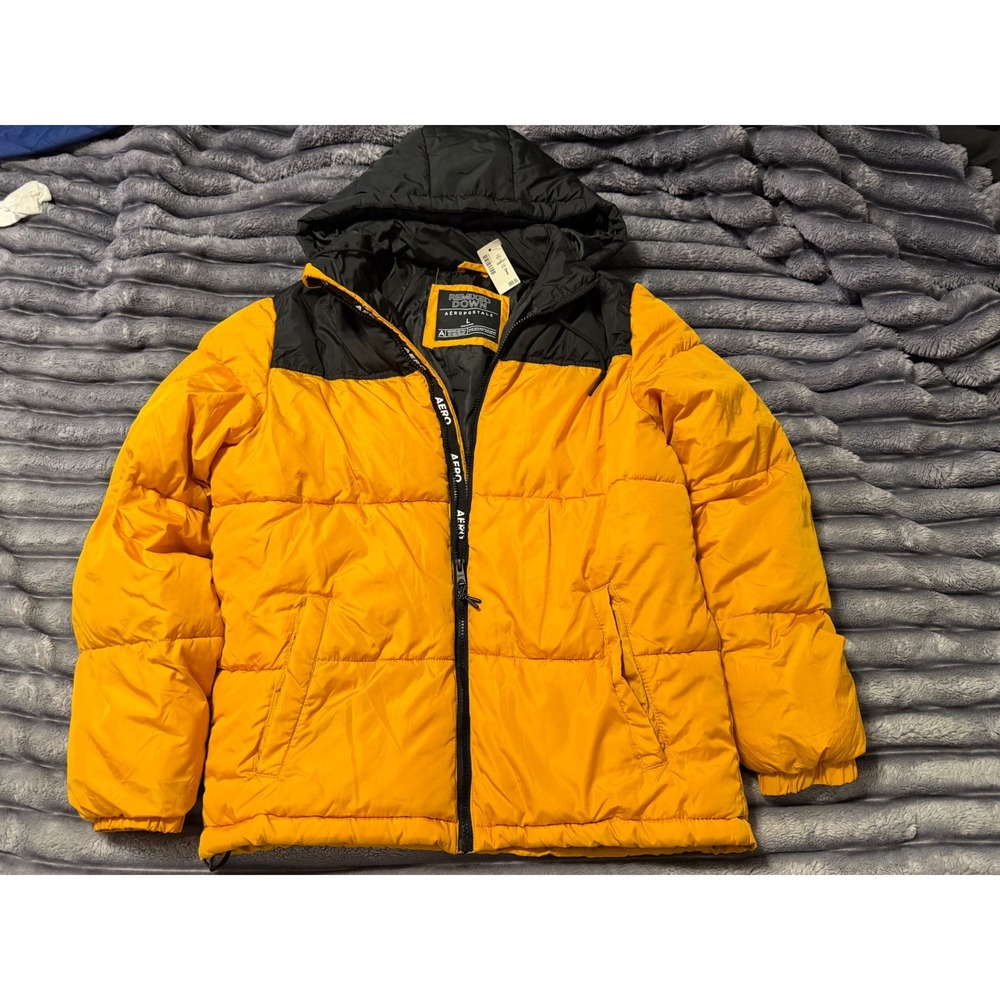 Aeropostale Mens Re-Power Down Puffer Jacket Yellow Black Hooded Quilted Coat L